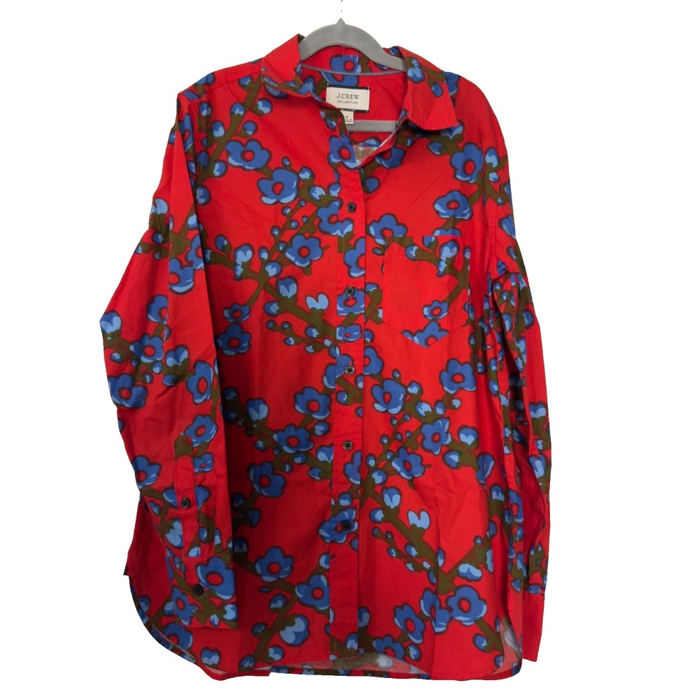 J.Crew Collection Size 4 Red Blue Floral Cotton Blouse Artsy Dopamine Women's